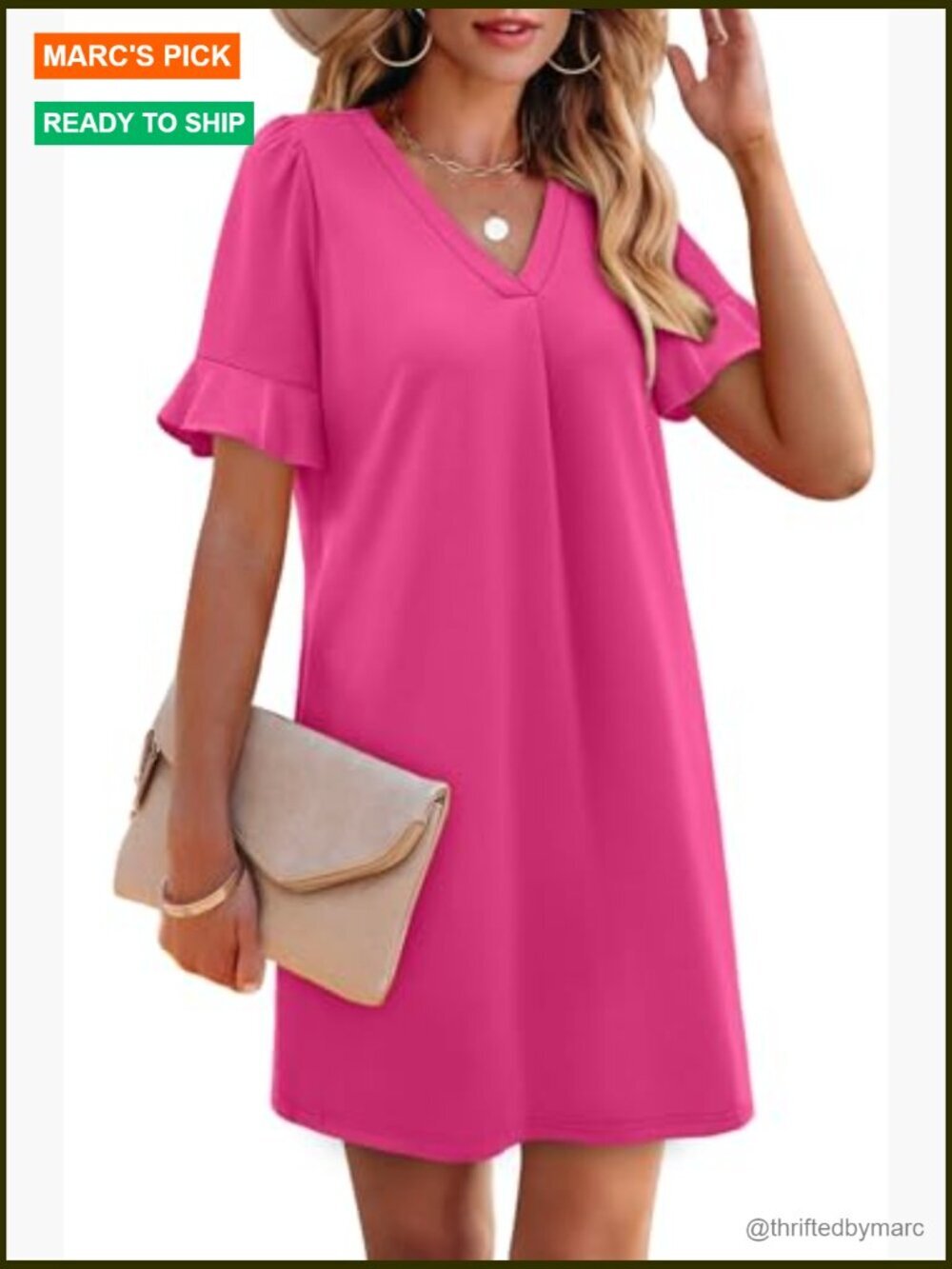 Ruffle Short Sleeve V Neck Shift Dress with Pockets - Picture 4 of 7